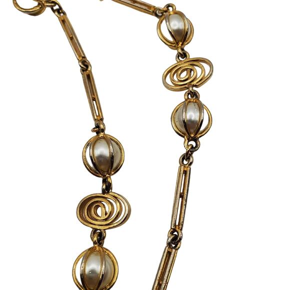 Faux Pearl Long Necklace Gold Tone Scroll Chain Vintage 1970s Flapper 36 1/2" - Picture 7 of 7
